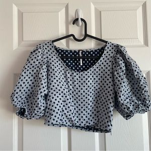 Free People Cropped Blue Polka Dot Blouse